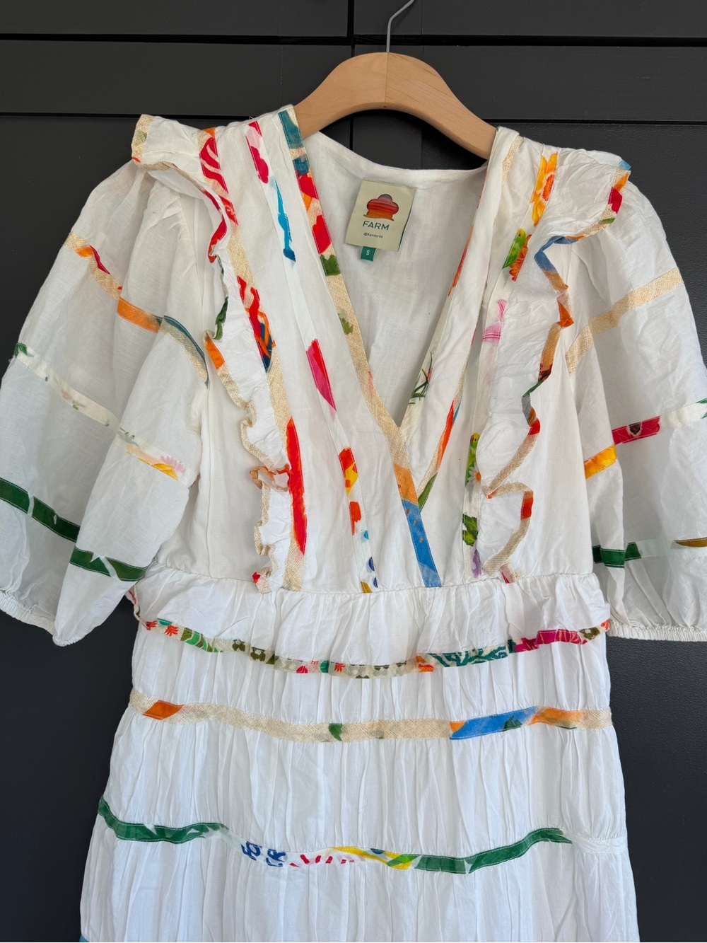 FARM Rio White Tiered Cotton Dress with Multicolor Ribbon Detail | S - Picture 5 of 9
